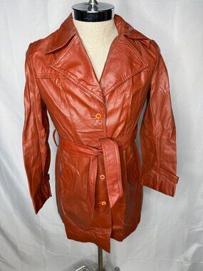 Vintage Rust Brown Leather Trench Coat Wide Belted 70's Boho Jacket Pockets